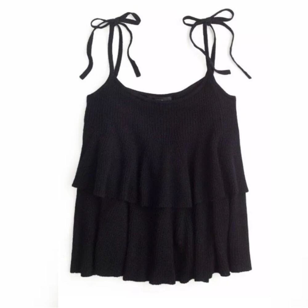 J Crew Tiered Tank Top Black SMALL 100% Merino Wool Knit G5694 Spaghetti Strap